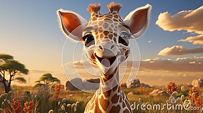 Cute giraffe calf on the plain - 3d children's illustration Cartoon Illustration