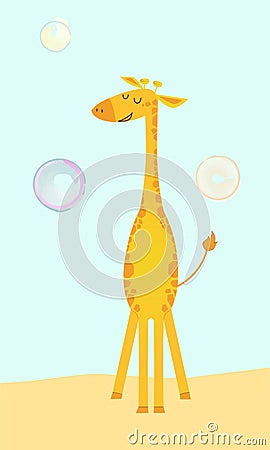 Cute giraffe in cartoon style with soap bubbles Stock Photo