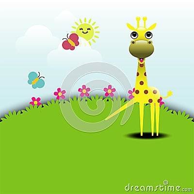 Cute giraffe standing in grassland Vector Illustration