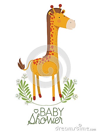 Cute giraffe with wreath baby shower card Vector Illustration