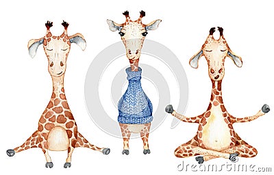 Cute giraffe cartoon watercolor illustration animal set Cartoon Illustration