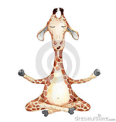 Cute giraffe in yoga position cartoon watercolor illustration animal Cartoon Illustration
