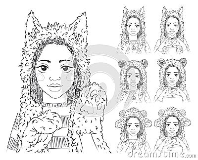 Cute girl with african braids in different animal hats. Set. Vector Illustration