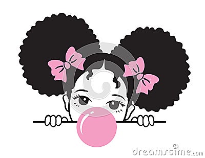 Cute Girl with Afro Puff Hair Blowing Bubble Gum Vector Illustration