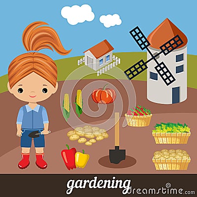 Cute girl agronomist. Village. Vector Illustration