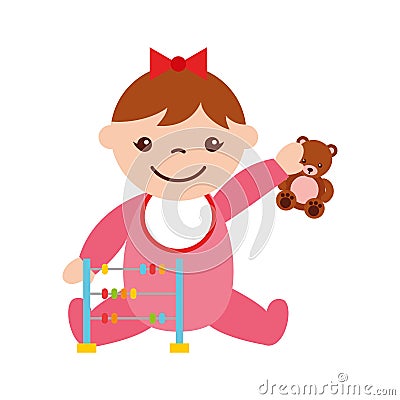 Cute girl baby with toys avatar character Vector Illustration