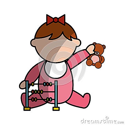 Cute girl baby with toys avatar character Vector Illustration