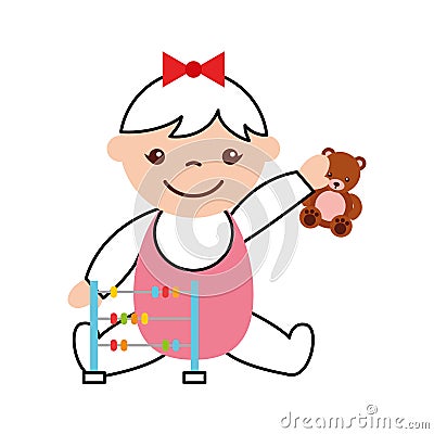 Cute girl baby with toys avatar character Vector Illustration