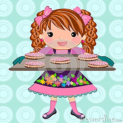 Cute girl baking cookies cartoon Vector Illustration