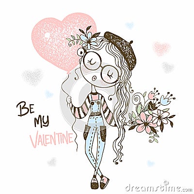 Cute girl with a balloon in the form of a heart and a bouquet of flowers. Valentine. Vector Vector Illustration