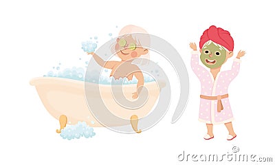 Cute girl bathing in bathtub. Funny girl in bathrobe with cosmetic mask on her face cartoon vector illustration Vector Illustration