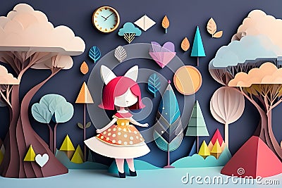 Cute Girl in a beautiful landscape papercut artwork Stock Photo
