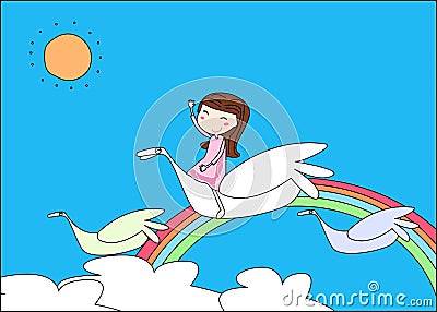 Cute girl and bird Vector Illustration