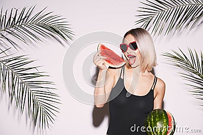 Cute girl in black swimwear Stock Photo