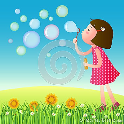 Cute girl blowing bubbles on the lawn Vector Illustration