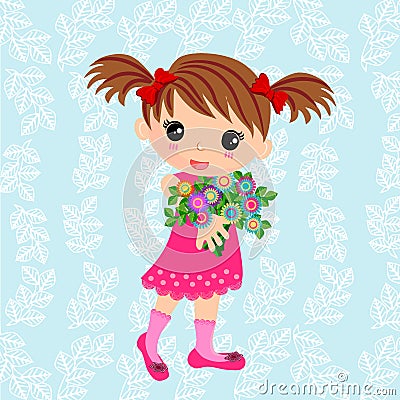 Cute Girl and bouquet of flowers Vector Illustration