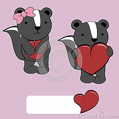 Cute girl and boy skunk cartoon love heart Vector Illustration