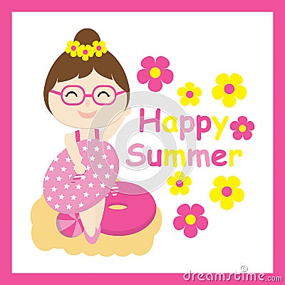 Cute girl bring swim ring and ball vector cartoon, Summer postcard, wallpaper, and greeting card Vector Illustration