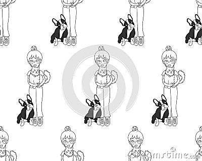 Cute Girl Bun Hair with Cat and Dog on White Background. Vector Illustration. Vector Illustration