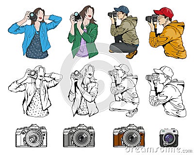 Cute Girl with a Camera. Set of different Cameras. Man and Woman in different poses with a Camera. Vintage Photocamera Vector Illustration