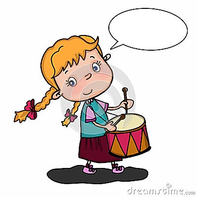 Cute girl l cartoon illustration drawing playing drum and speaking drawing illustration white background Vector Illustration