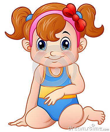 Cute girl cartoon sitting wearing swimsuit and red bow Vector Illustration