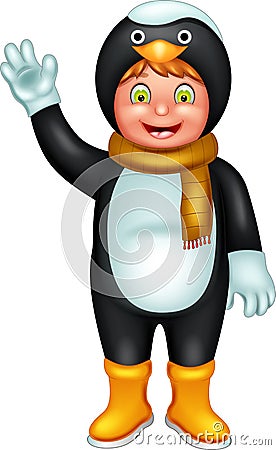 Cute girl cartoon standing with waving and using pinguin costume Cartoon Illustration