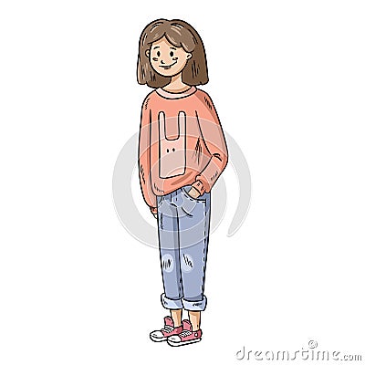 Cute girl in casual clothes. Comic style cartoon image of pretty teenager girl Vector Illustration