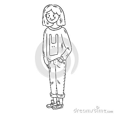 Cute girl in casual clothes. Vector image of pretty teenager girl Vector Illustration