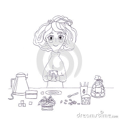 Cute girl character cartoon morning coffee cup of tea sugar break lunch black and white monochrome outline beauty positive drawing Stock Photo