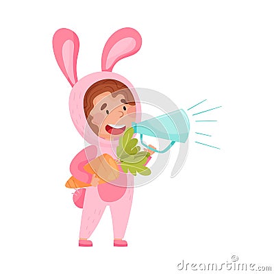 Cute Girl Character Dressed in Fancy Bunny Costume Talking Megaphone or Loudspeaker Vector Illustration Vector Illustration