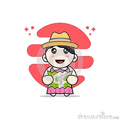 Cute girl character holding map Vector Illustration