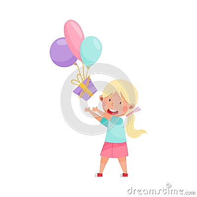 Cute Girl Character Throwing Gift Box with Balloons Vector Illustration Vector Illustration