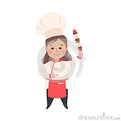 Cute Girl Chef Cook Holding Kebab on Skewer, Kid in Chef Uniform Cooking in Kitchen Cartoon Style Vector Illustration Vector Illustration