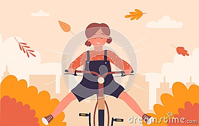 Cute girl child cyclist riding bike fast on city street road with fun, autumn landscape Vector Illustration