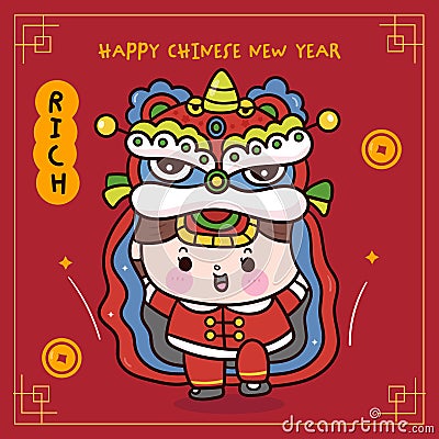 Cute girl Chinese New Year Dragon cartoon with lion dance greeting card. Series: Zodiac vector 2024 Vector Illustration