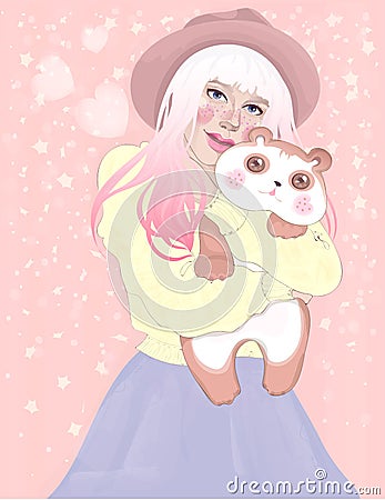 Cute girl with chubby little panda Vector Illustration