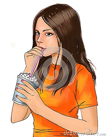 Cute girl and cold drink, cute girl is drinking beverage, girl, cute, iced drink, iced coffee, frappe coffee, crunchy drink, drink Cartoon Illustration