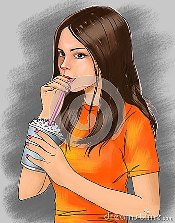 Cute girl and cold drink, cute girl is drinking beverage, girl, cute, iced drink, iced coffee, frappe coffee, crunchy drink, drink Cartoon Illustration