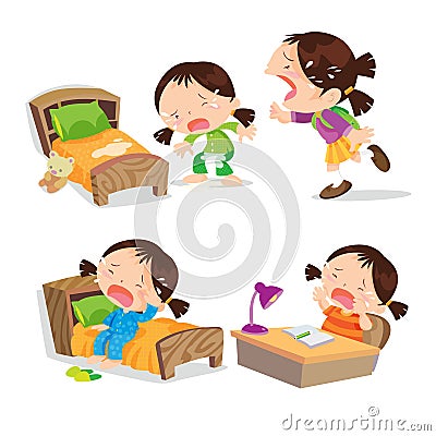 Cute girl crying cartoon many action. Vector Illustration