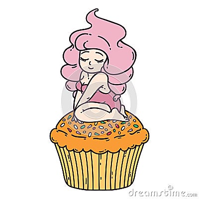 Cute girl on cupcake. Isolated objects on white background. Vector illustration. Vector Illustration