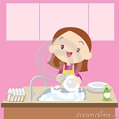 Cute girl Dish washing Vector Illustration