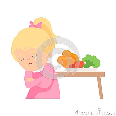 Cute Girl Does Not Want to Eat Vegetables, Kid Does Not Like Healthy Food Vector Illustration Vector Illustration