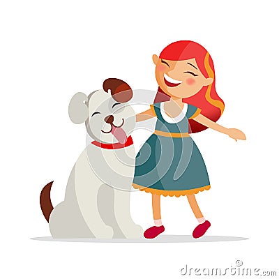 Cute girl with a dog are smiling and hugging, stand together isolated on white background. Happy childhood concept in Vector Illustration