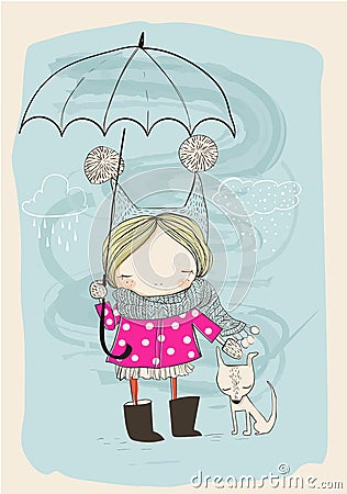 Cute girl with dog and umbrella Vector Illustration