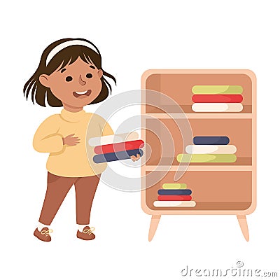 Cute Girl Doing Housework and Housekeeping Folding Clothing on Shelf Vector Illustration Vector Illustration