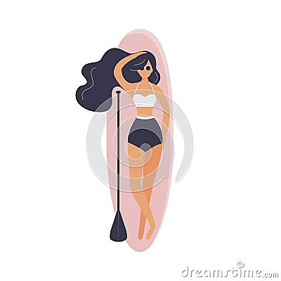 Cute girl dressed in swimwear is lying on supboard next to a paddle isolated on white background. Beautiful brunette sunbathing in Vector Illustration