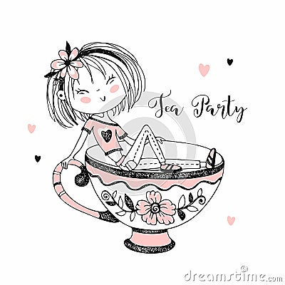 Cute girl drinking tea. Tea party. Vector. Doodle style. Vector Illustration