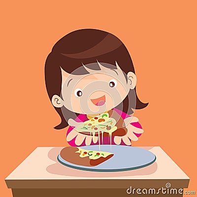 Cute girl eat pizza Vector Illustration