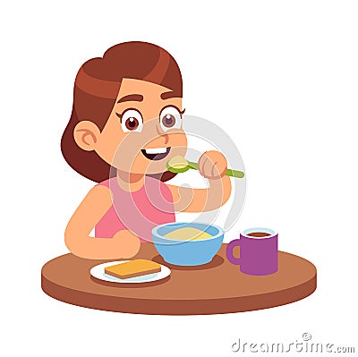 Cute girl eating. Hungry toddler sits at table and eats delicious cereal or muesli with spoon, drinks tea on breakfast Vector Illustration